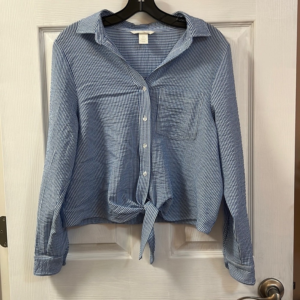 Blue and white stripe tie front blouse